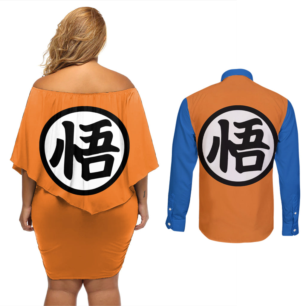 Goku Kanji Symbol Dragon Ball Anime Couples Matching Off Shoulder Short Dress and Long Sleeve Button Shirt
