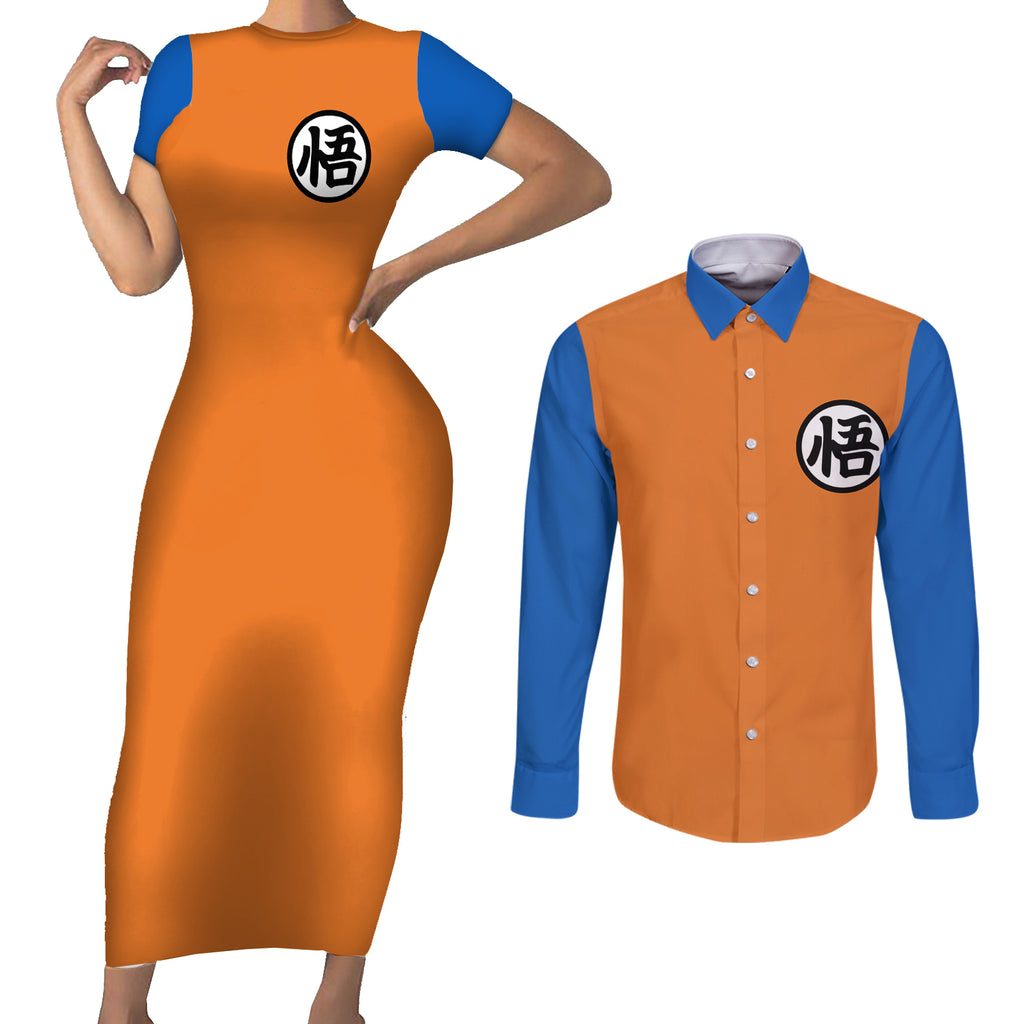 Goku Kanji Symbol Dragon Ball Anime Couples Matching Short Sleeve Bodycon Dress and Long Sleeve Button Shirt