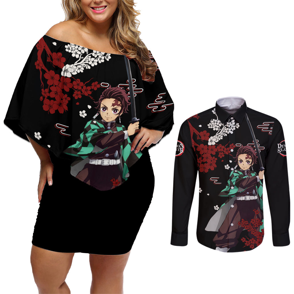 Tanjiro Kamado Japan Style Couples Matching Off Shoulder Short Dress and Long Sleeve Button Shirt