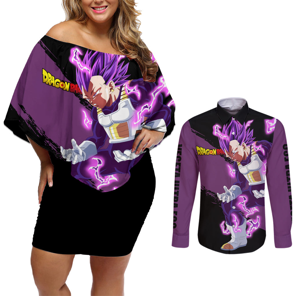 Vegeta Ultra Ego Dragon Ball Couples Matching Off Shoulder Short Dress and Long Sleeve Button Shirt