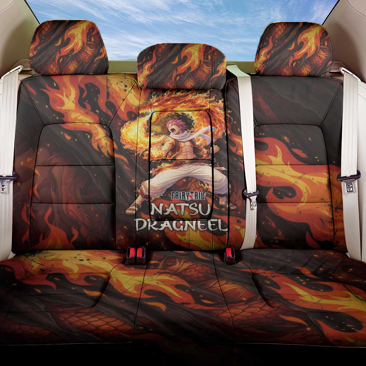 Natsu Dragneel Fairy Tail Back Car Seat Cover Flame Magic Anime Style with Dragon Emblem and Fire Seal