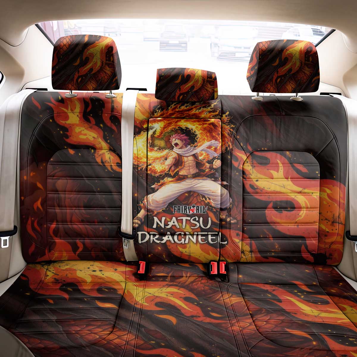 Natsu Dragneel Fairy Tail Back Car Seat Cover Flame Magic Anime Style with Dragon Emblem and Fire Seal