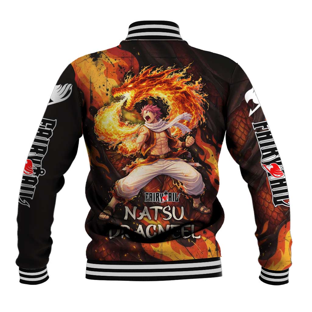 Natsu Dragneel Fairy Tail Baseball Jacket Flame Magic Anime Style with Dragon Emblem and Fire Seal