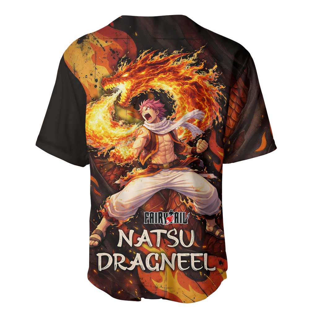 Natsu Dragneel Fairy Tail Baseball Jersey Flame Magic Anime Style with Dragon Emblem and Fire Seal