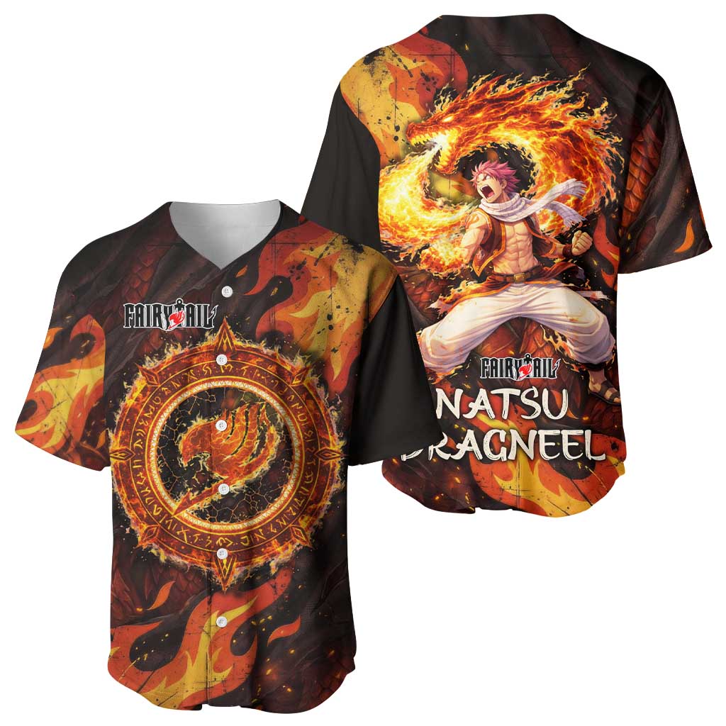 Natsu Dragneel Fairy Tail Baseball Jersey Flame Magic Anime Style with Dragon Emblem and Fire Seal