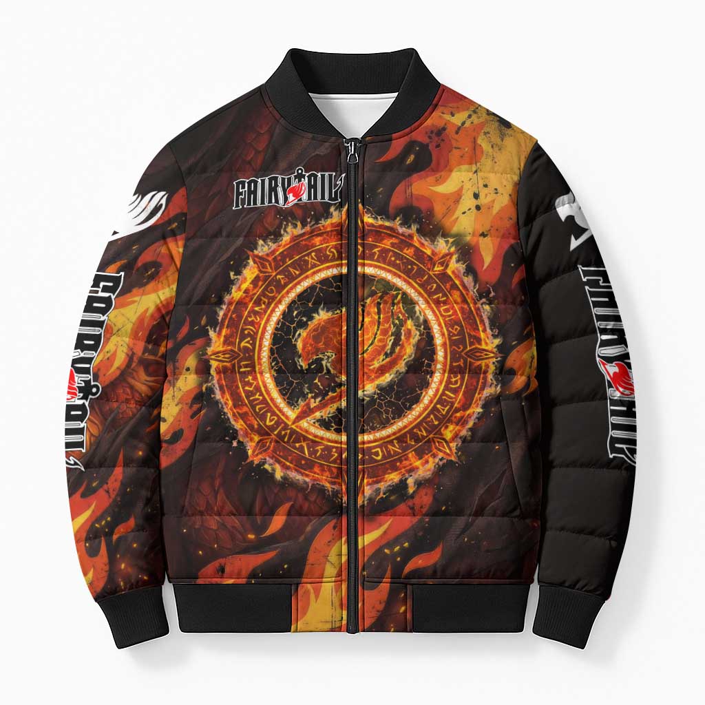 Natsu Dragneel Fairy Tail Bomber Puffer Jacket Flame Magic Anime Style with Dragon Emblem and Fire Seal