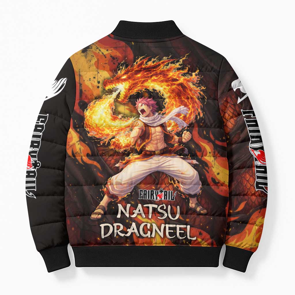 Natsu Dragneel Fairy Tail Bomber Puffer Jacket Flame Magic Anime Style with Dragon Emblem and Fire Seal