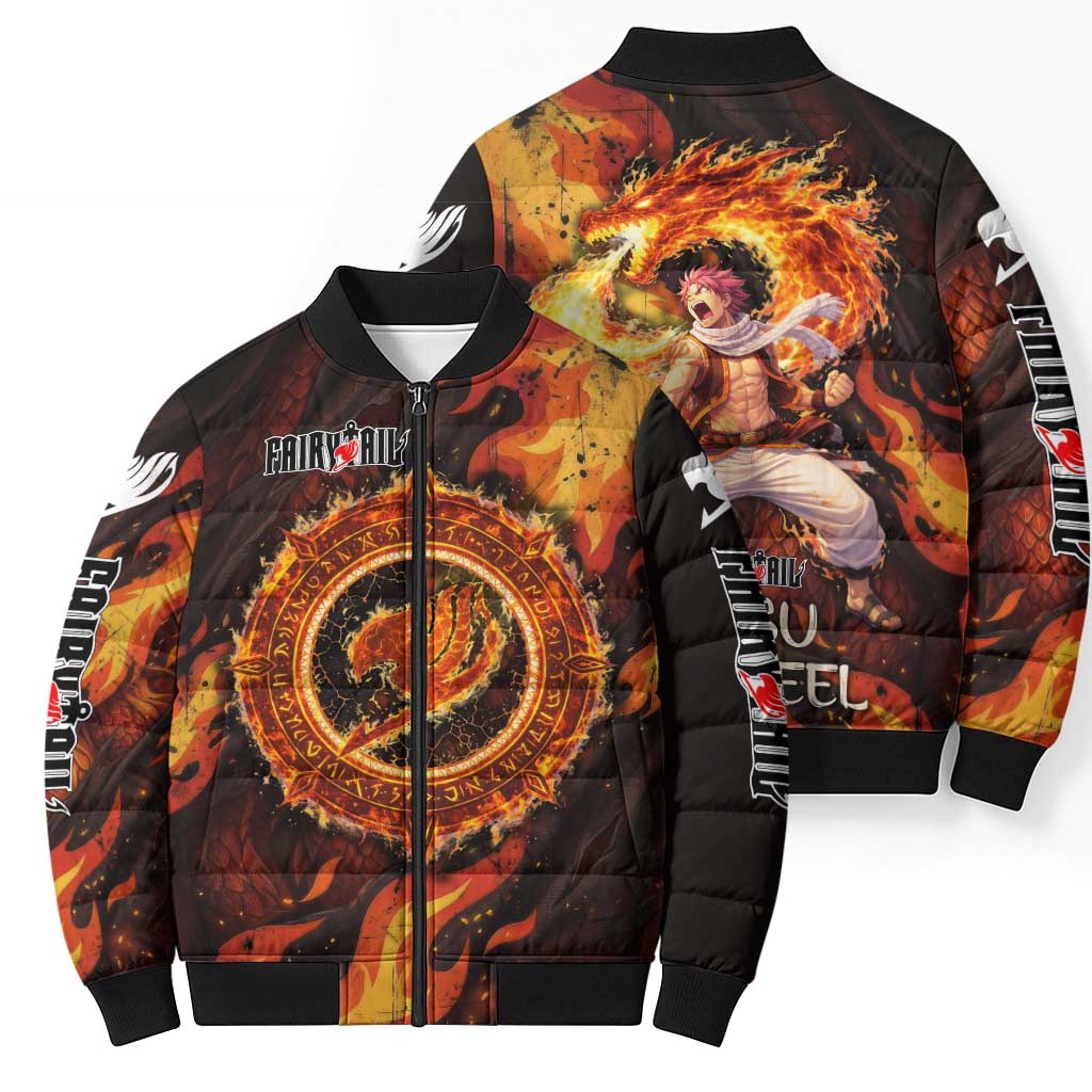 Natsu Dragneel Fairy Tail Bomber Puffer Jacket Flame Magic Anime Style with Dragon Emblem and Fire Seal