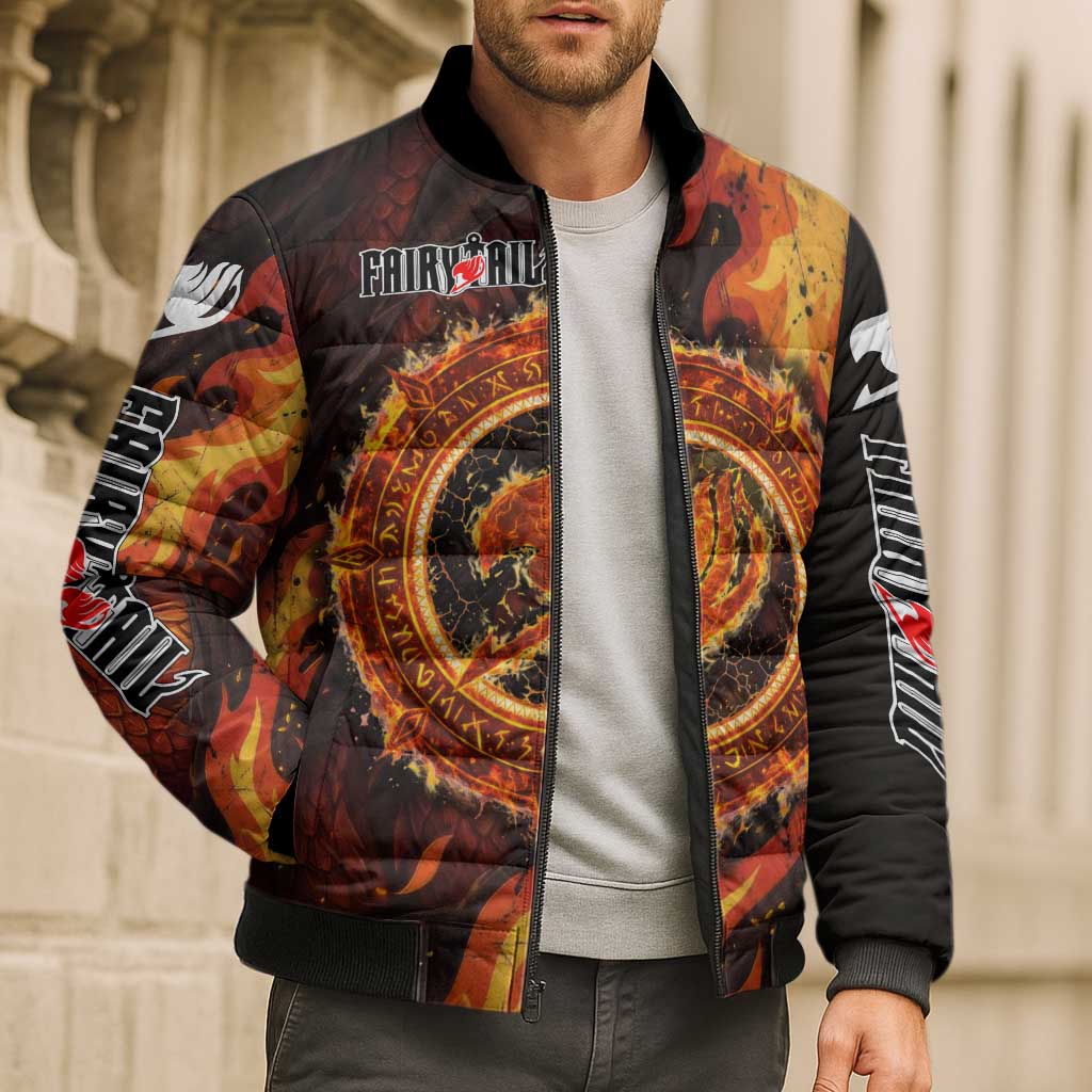 Natsu Dragneel Fairy Tail Bomber Puffer Jacket Flame Magic Anime Style with Dragon Emblem and Fire Seal