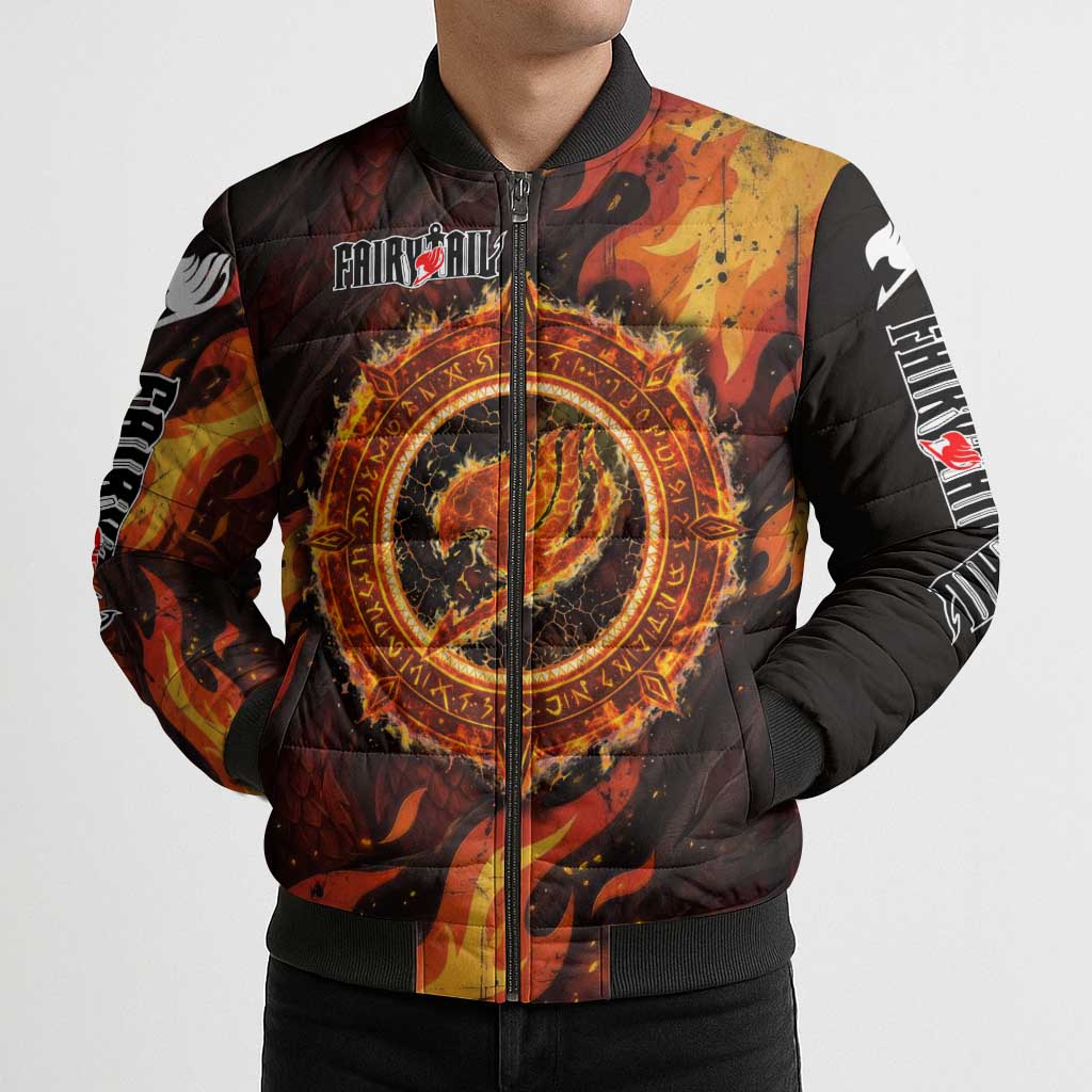 Natsu Dragneel Fairy Tail Bomber Puffer Jacket Flame Magic Anime Style with Dragon Emblem and Fire Seal