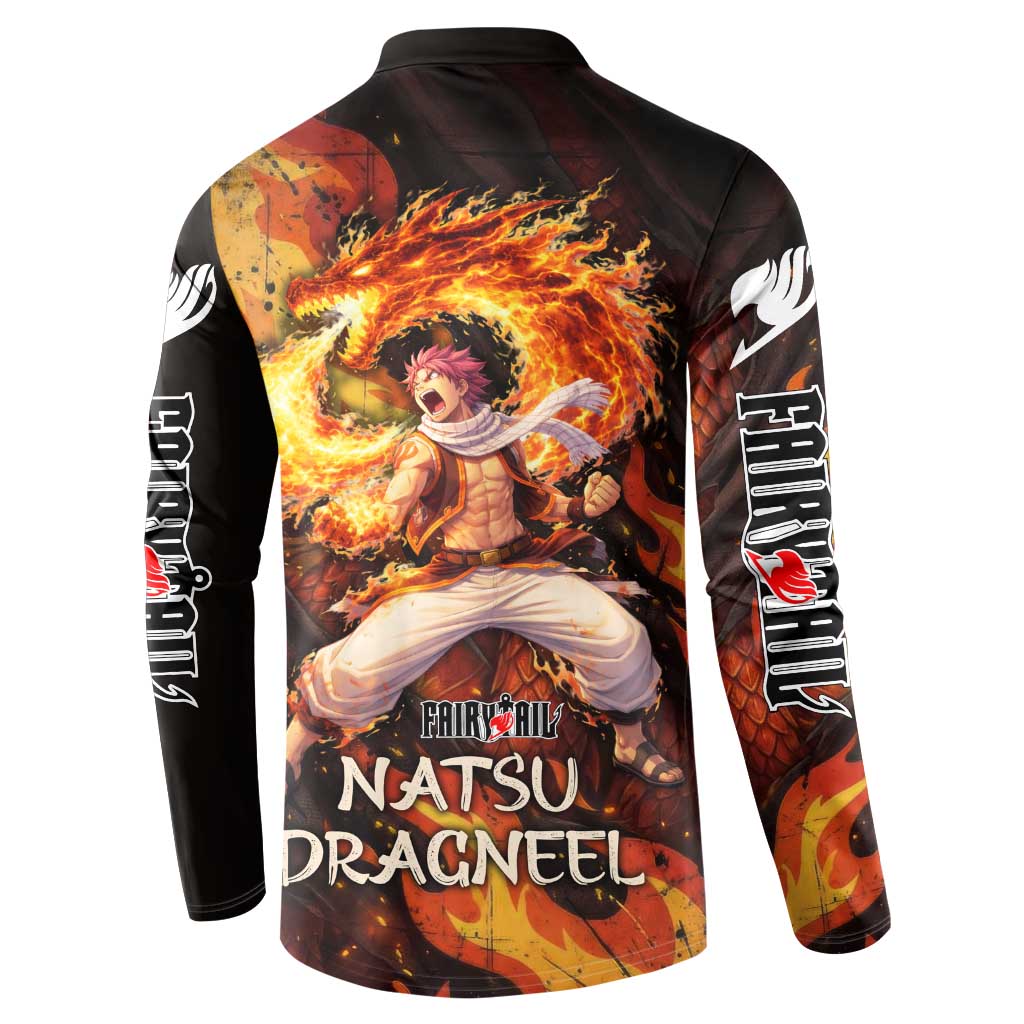 Natsu Dragneel Fairy Tail Button Sweatshirt Flame Magic Anime Style with Dragon Emblem and Fire Seal