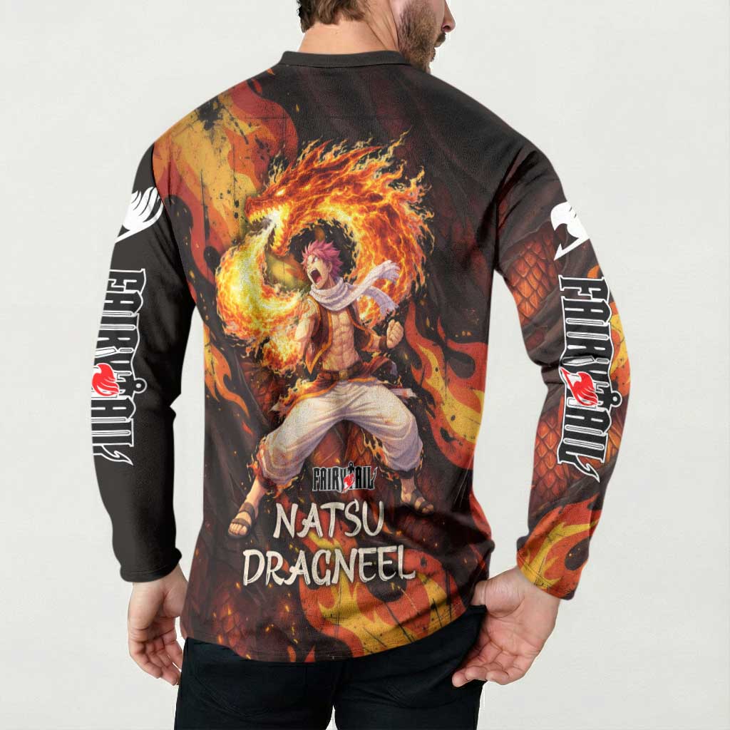 Natsu Dragneel Fairy Tail Button Sweatshirt Flame Magic Anime Style with Dragon Emblem and Fire Seal