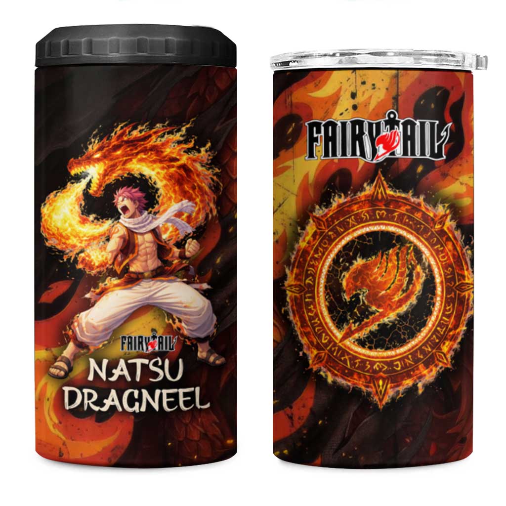 Natsu Dragneel Fairy Tail 4 in 1 Can Cooler Tumbler Flame Magic Anime Style with Dragon Emblem and Fire Seal