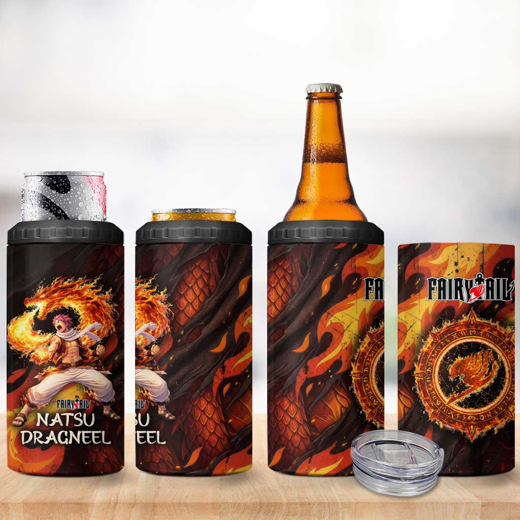 Natsu Dragneel Fairy Tail 4 in 1 Can Cooler Tumbler Flame Magic Anime Style with Dragon Emblem and Fire Seal
