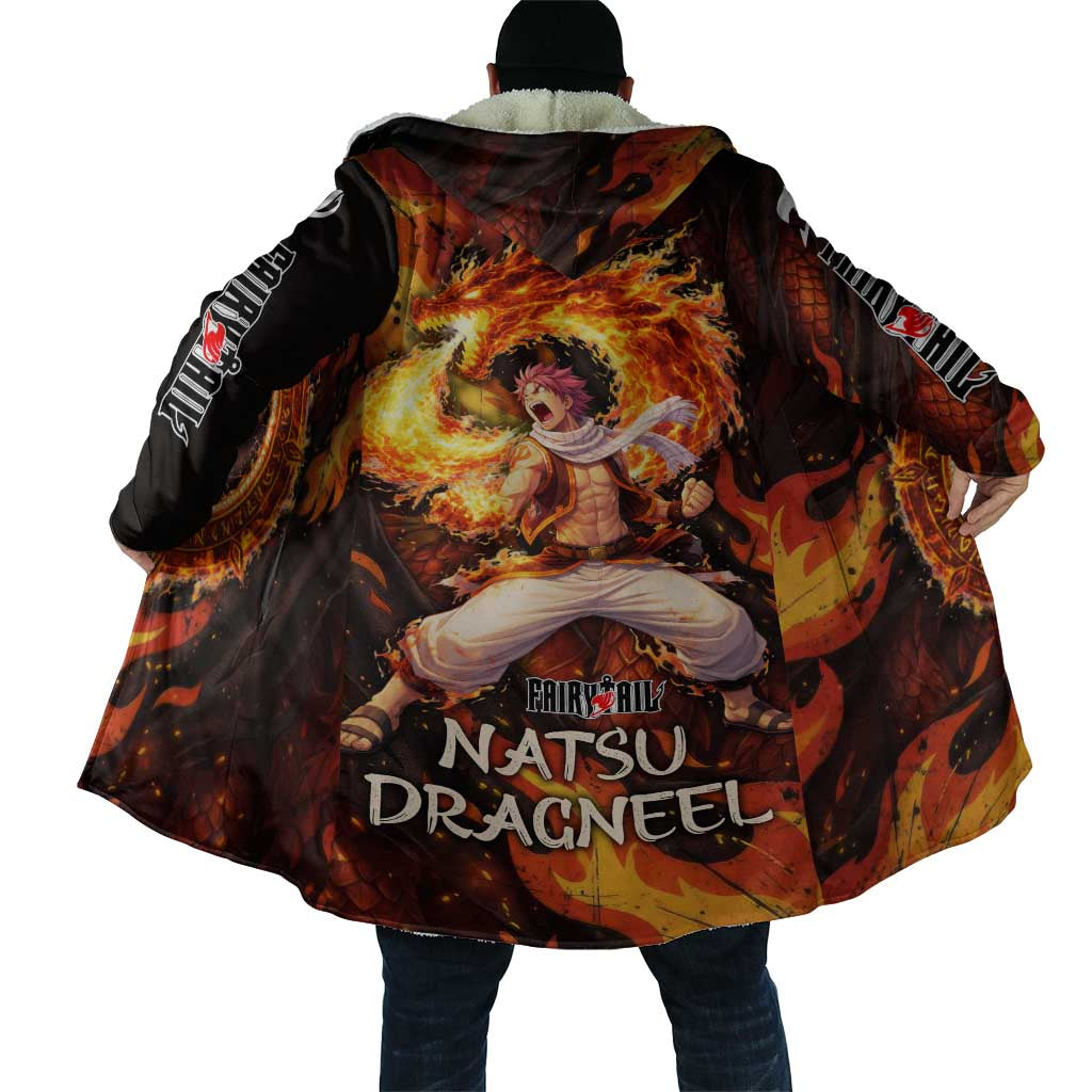 Natsu Dragneel Fairy Tail Cloak Flame Magic Anime Style with Dragon Emblem and Fire Seal