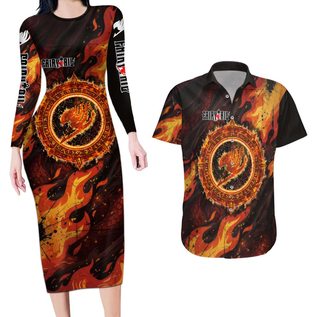 Natsu Dragneel Fairy Tail Couples Matching Long Sleeve Bodycon Dress and Hawaiian Shirt Flame Magic Anime Style with Dragon Emblem and Fire Seal