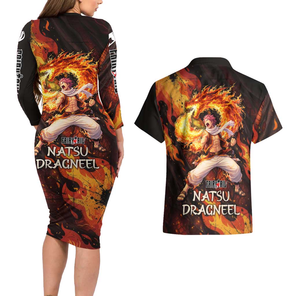 Natsu Dragneel Fairy Tail Couples Matching Long Sleeve Bodycon Dress and Hawaiian Shirt Flame Magic Anime Style with Dragon Emblem and Fire Seal