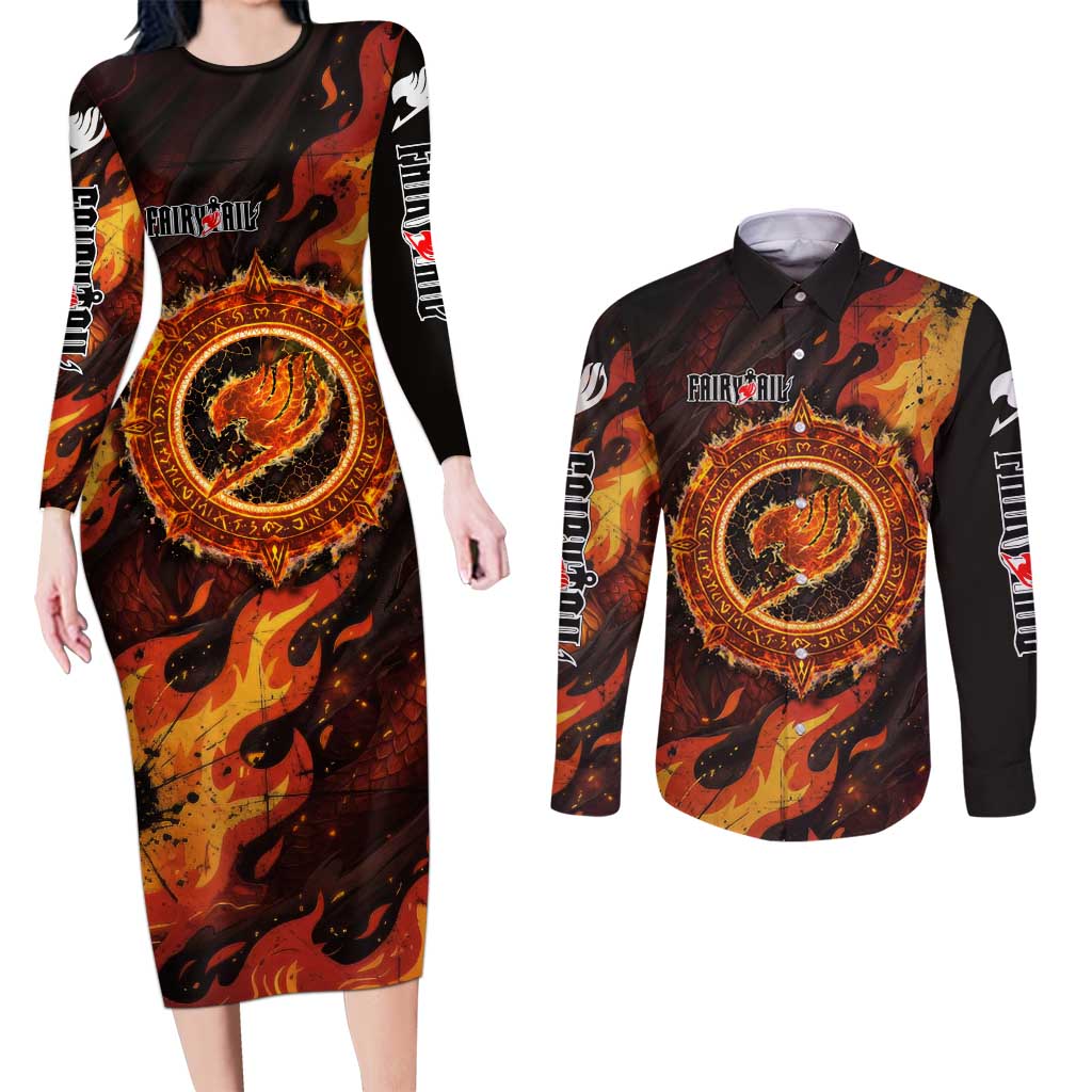 Natsu Dragneel Fairy Tail Couples Matching Long Sleeve Bodycon Dress and Long Sleeve Button Shirt Flame Magic Anime Style with Dragon Emblem and Fire Seal