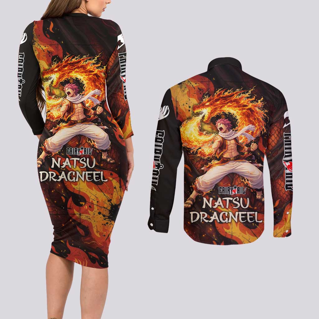 Natsu Dragneel Fairy Tail Couples Matching Long Sleeve Bodycon Dress and Long Sleeve Button Shirt Flame Magic Anime Style with Dragon Emblem and Fire Seal