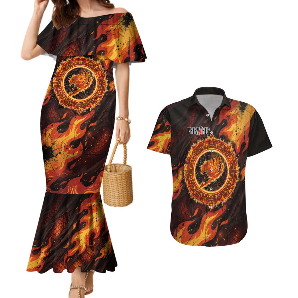 Natsu Dragneel Fairy Tail Couples Matching Mermaid Dress and Hawaiian Shirt Flame Magic Anime Style with Dragon Emblem and Fire Seal
