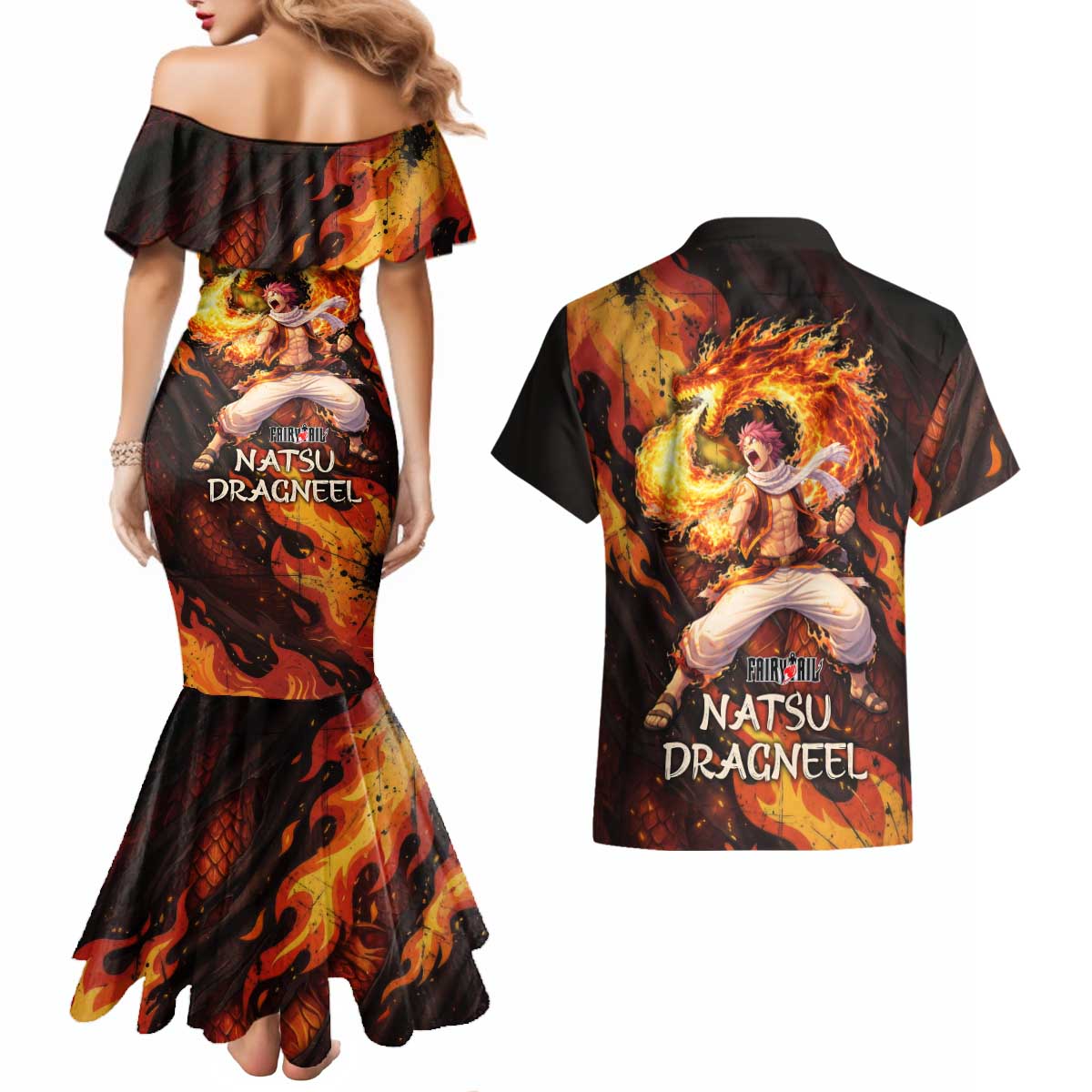 Natsu Dragneel Fairy Tail Couples Matching Mermaid Dress and Hawaiian Shirt Flame Magic Anime Style with Dragon Emblem and Fire Seal