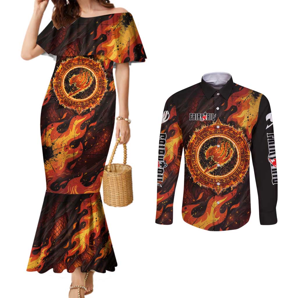 Natsu Dragneel Fairy Tail Couples Matching Mermaid Dress and Long Sleeve Button Shirt Flame Magic Anime Style with Dragon Emblem and Fire Seal