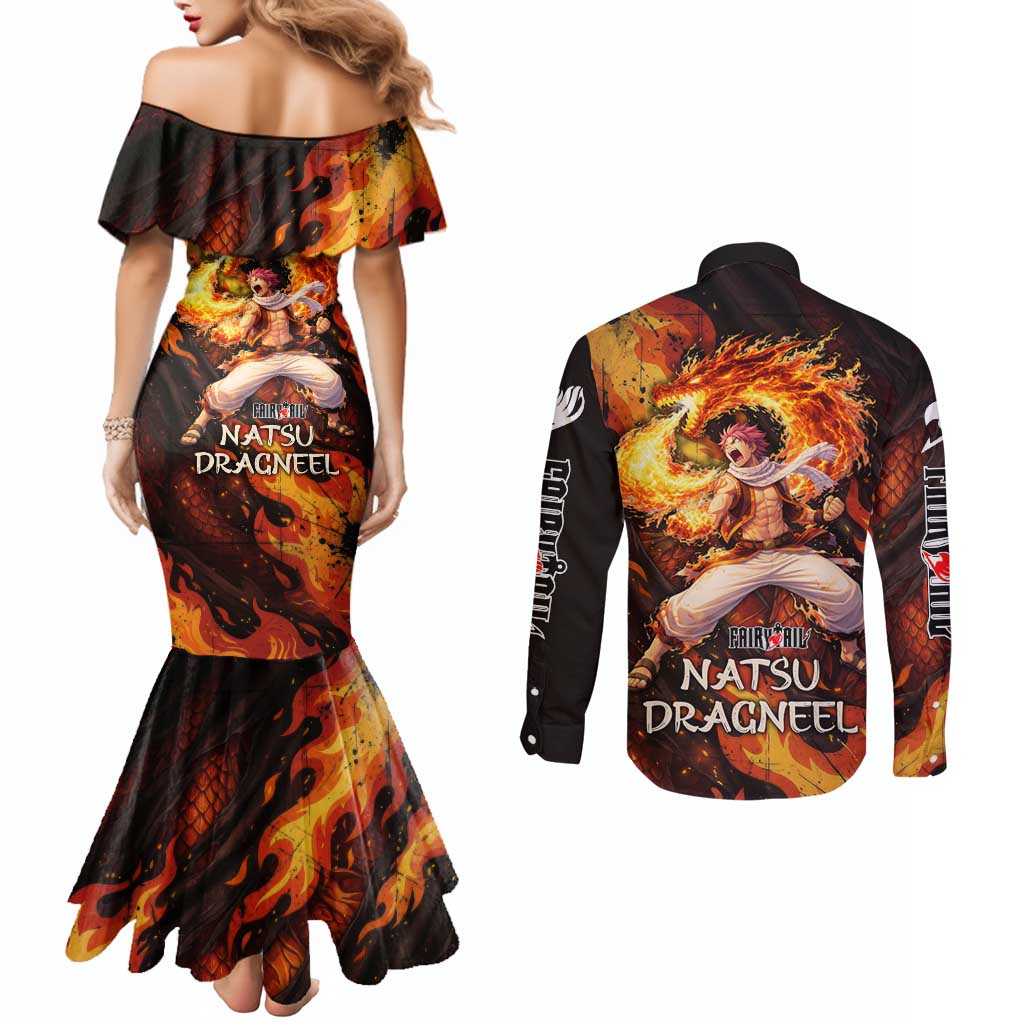 Natsu Dragneel Fairy Tail Couples Matching Mermaid Dress and Long Sleeve Button Shirt Flame Magic Anime Style with Dragon Emblem and Fire Seal