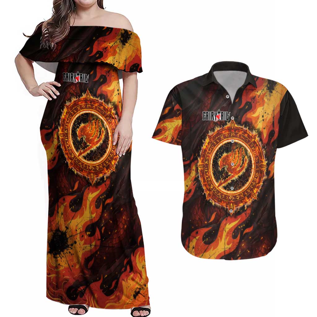 Natsu Dragneel Fairy Tail Couples Matching Off Shoulder Maxi Dress and Hawaiian Shirt Flame Magic Anime Style with Dragon Emblem and Fire Seal