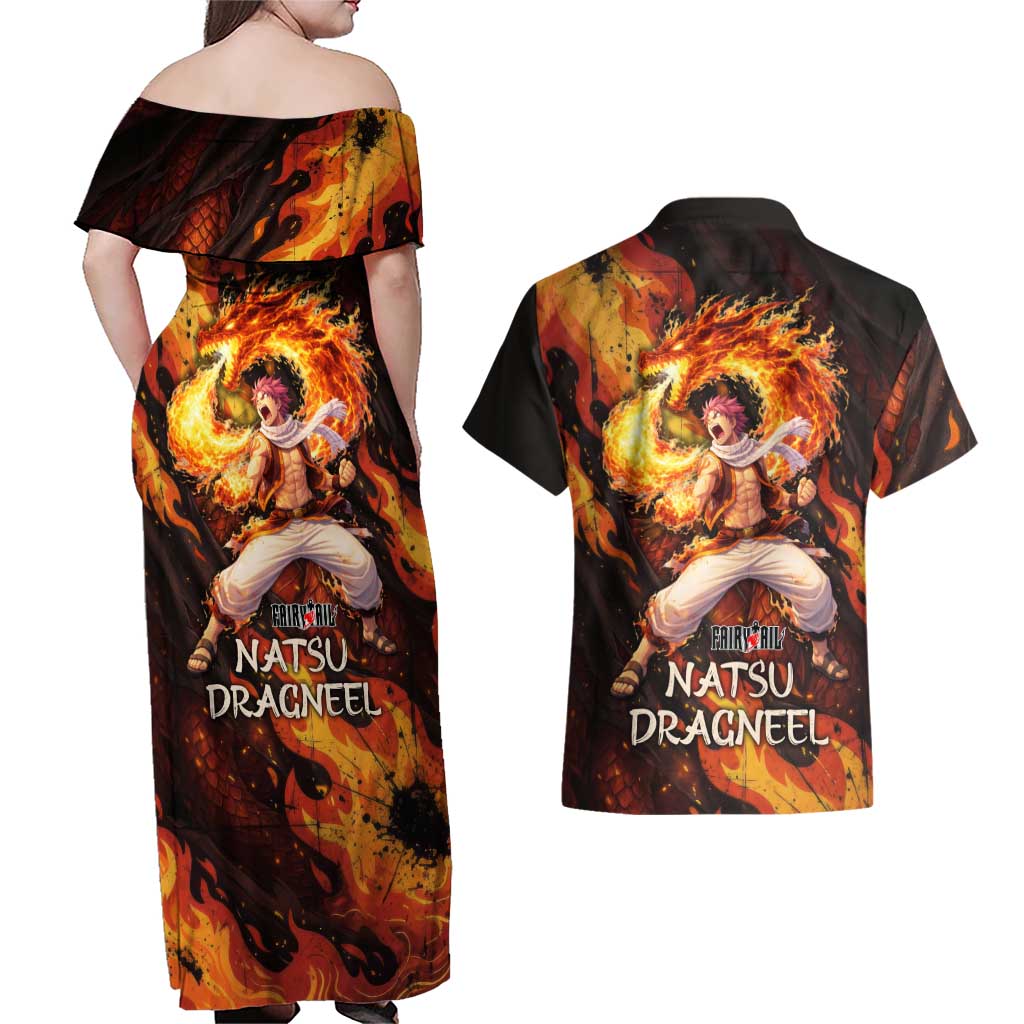 Natsu Dragneel Fairy Tail Couples Matching Off Shoulder Maxi Dress and Hawaiian Shirt Flame Magic Anime Style with Dragon Emblem and Fire Seal