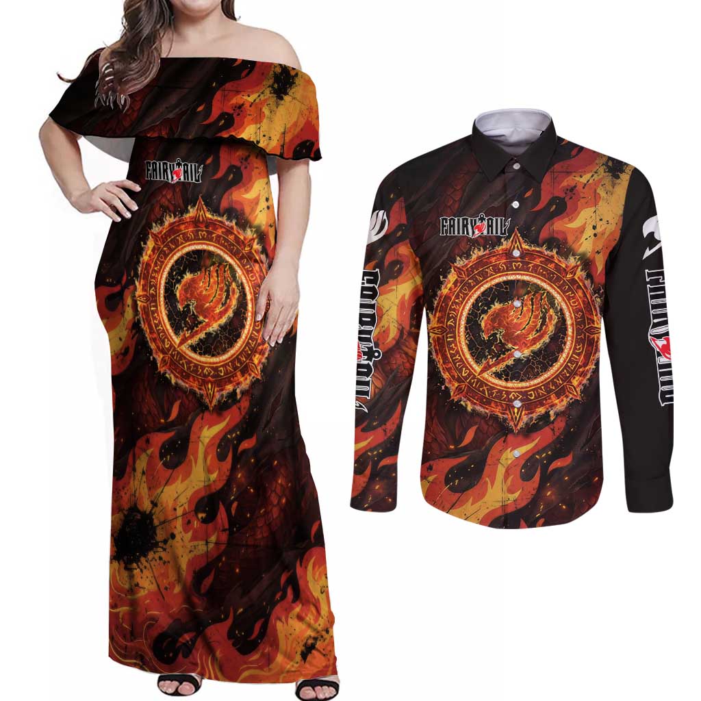 Natsu Dragneel Fairy Tail Couples Matching Off Shoulder Maxi Dress and Long Sleeve Button Shirt Flame Magic Anime Style with Dragon Emblem and Fire Seal