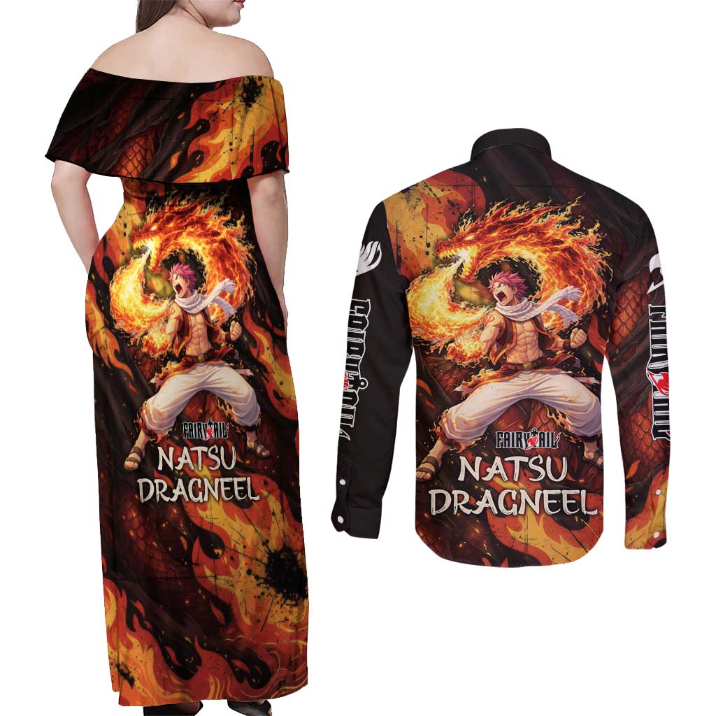 Natsu Dragneel Fairy Tail Couples Matching Off Shoulder Maxi Dress and Long Sleeve Button Shirt Flame Magic Anime Style with Dragon Emblem and Fire Seal