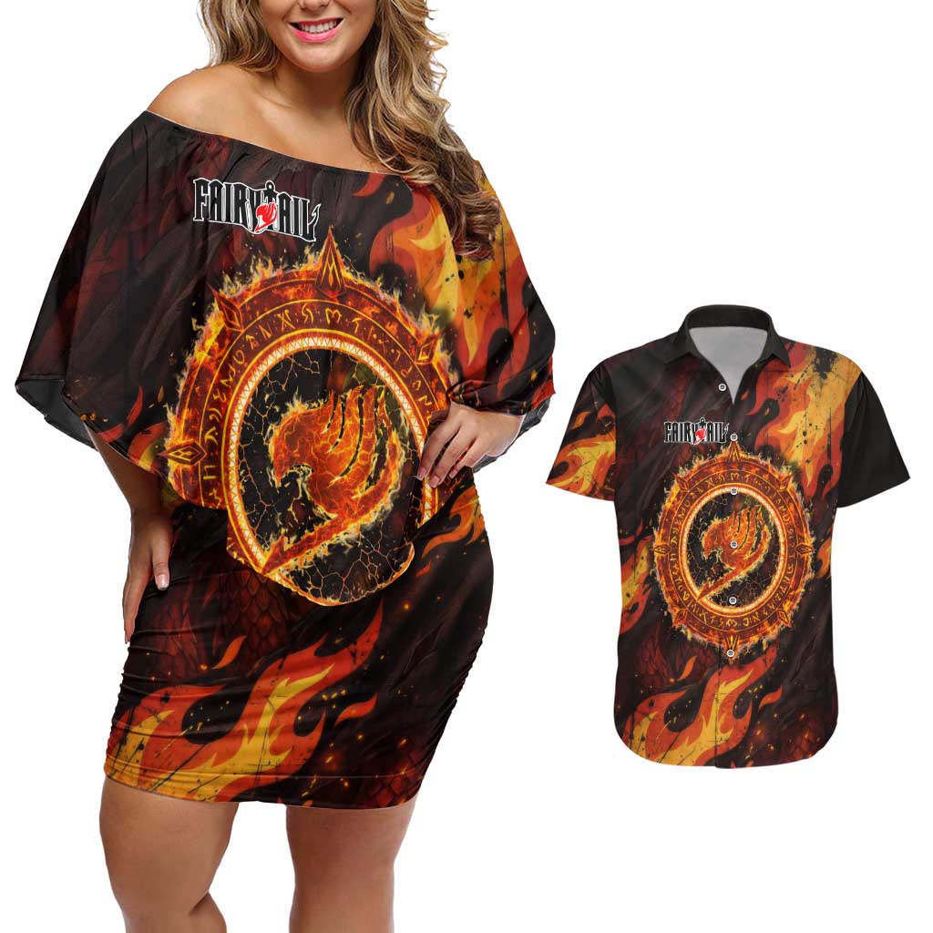 Natsu Dragneel Fairy Tail Couples Matching Off Shoulder Short Dress and Hawaiian Shirt Flame Magic Anime Style with Dragon Emblem and Fire Seal