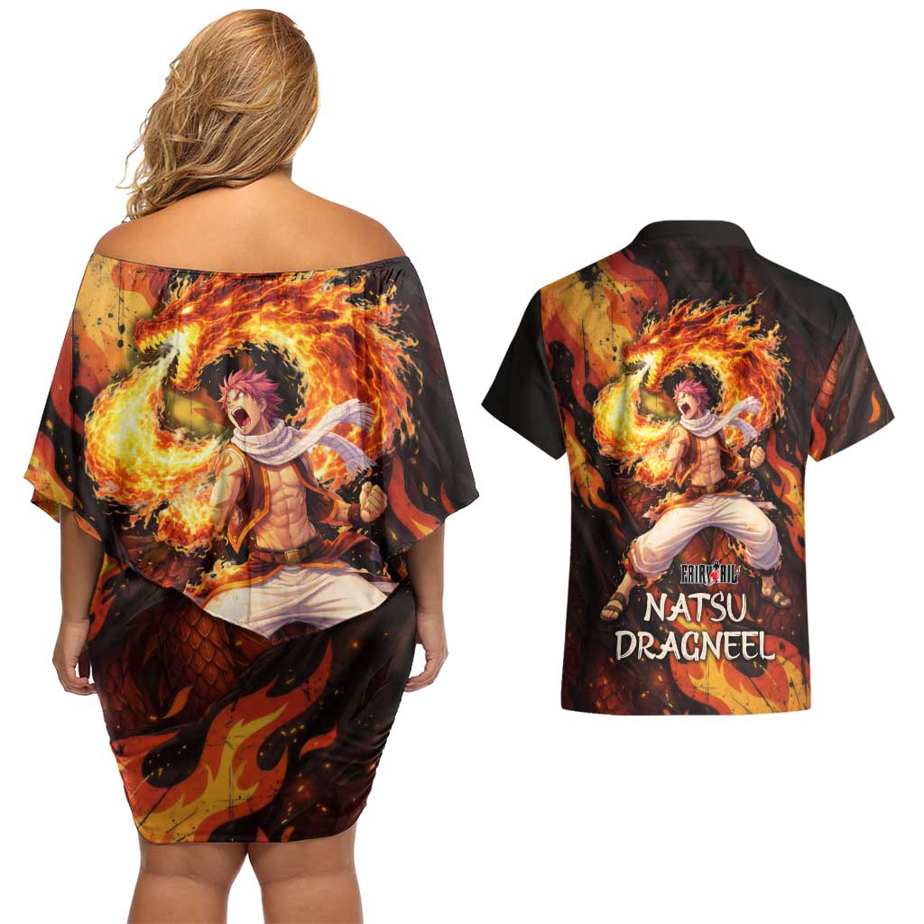 Natsu Dragneel Fairy Tail Couples Matching Off Shoulder Short Dress and Hawaiian Shirt Flame Magic Anime Style with Dragon Emblem and Fire Seal