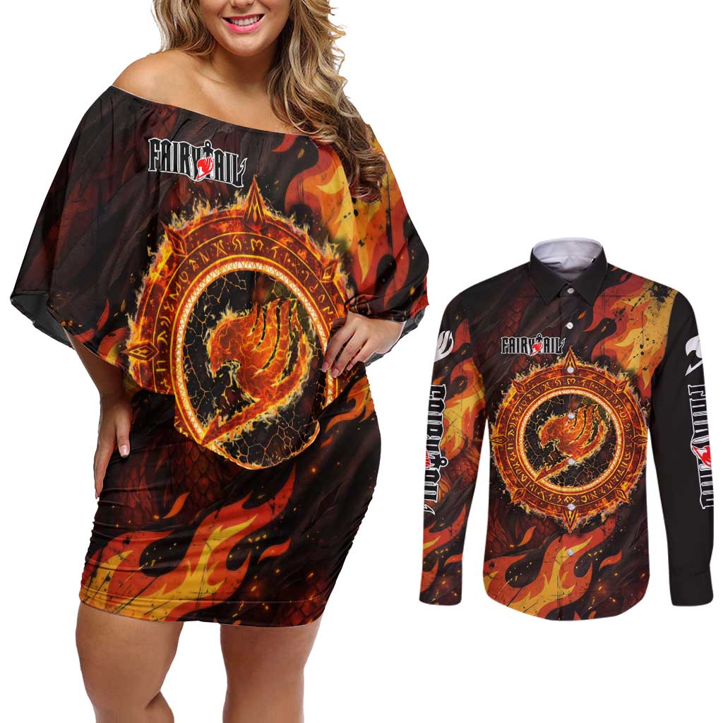 Natsu Dragneel Fairy Tail Couples Matching Off Shoulder Short Dress and Long Sleeve Button Shirt Flame Magic Anime Style with Dragon Emblem and Fire Seal