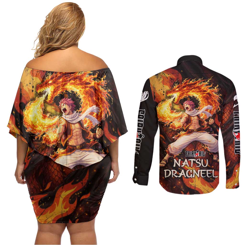 Natsu Dragneel Fairy Tail Couples Matching Off Shoulder Short Dress and Long Sleeve Button Shirt Flame Magic Anime Style with Dragon Emblem and Fire Seal