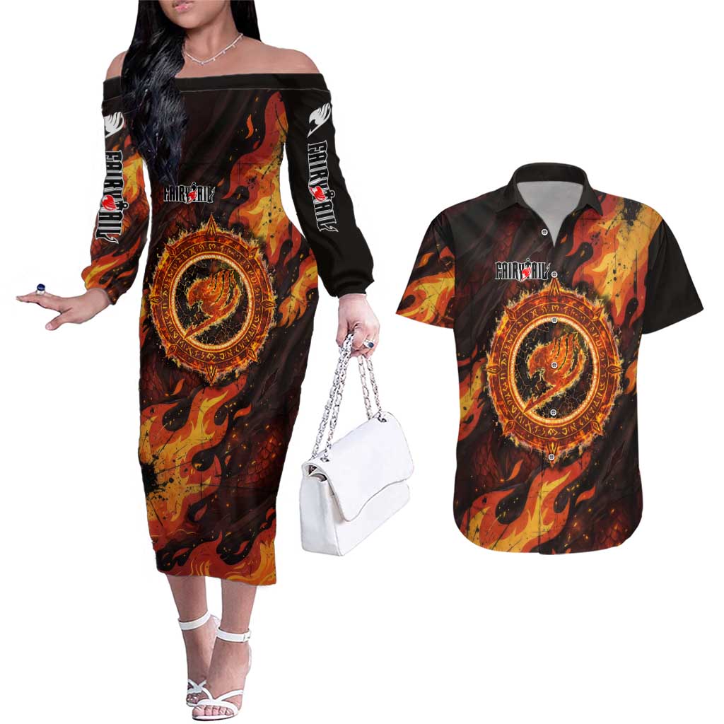Natsu Dragneel Fairy Tail Couples Matching Off The Shoulder Long Sleeve Dress and Hawaiian Shirt Flame Magic Anime Style with Dragon Emblem and Fire Seal