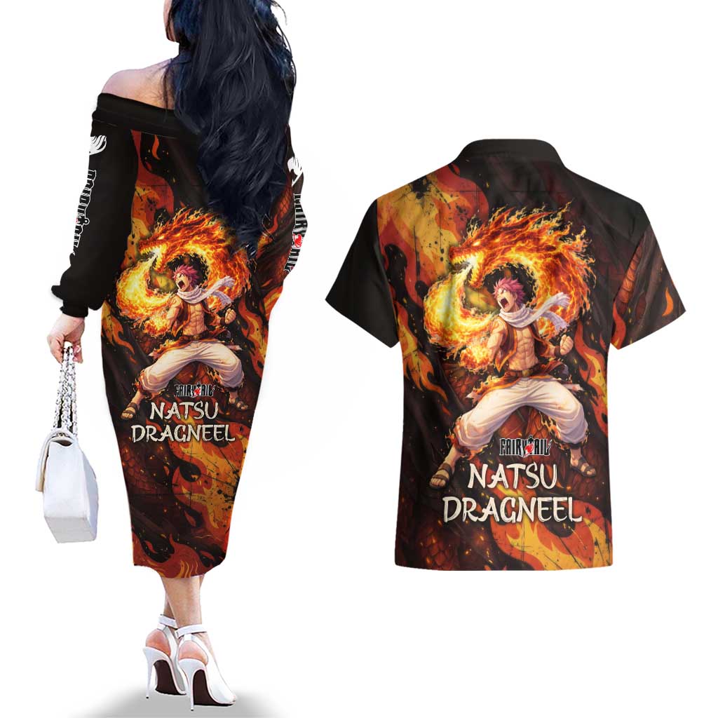Natsu Dragneel Fairy Tail Couples Matching Off The Shoulder Long Sleeve Dress and Hawaiian Shirt Flame Magic Anime Style with Dragon Emblem and Fire Seal