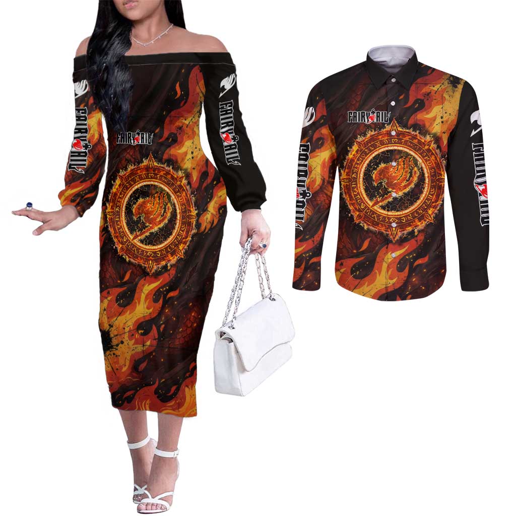 Natsu Dragneel Fairy Tail Couples Matching Off The Shoulder Long Sleeve Dress and Long Sleeve Button Shirt Flame Magic Anime Style with Dragon Emblem and Fire Seal
