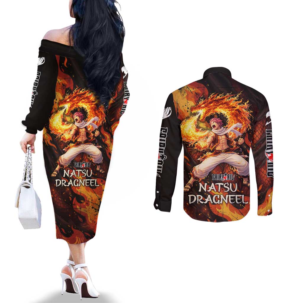 Natsu Dragneel Fairy Tail Couples Matching Off The Shoulder Long Sleeve Dress and Long Sleeve Button Shirt Flame Magic Anime Style with Dragon Emblem and Fire Seal