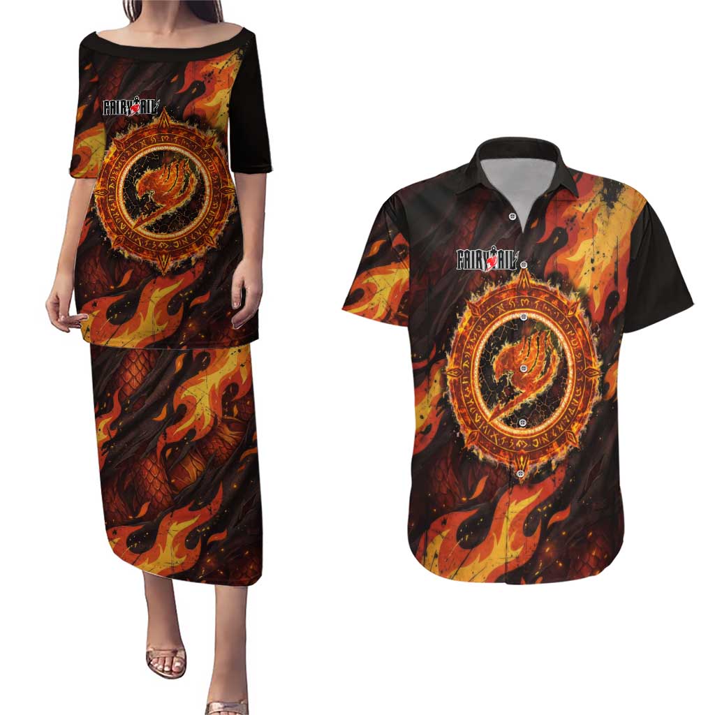 Natsu Dragneel Fairy Tail Couples Matching Puletasi and Hawaiian Shirt Flame Magic Anime Style with Dragon Emblem and Fire Seal