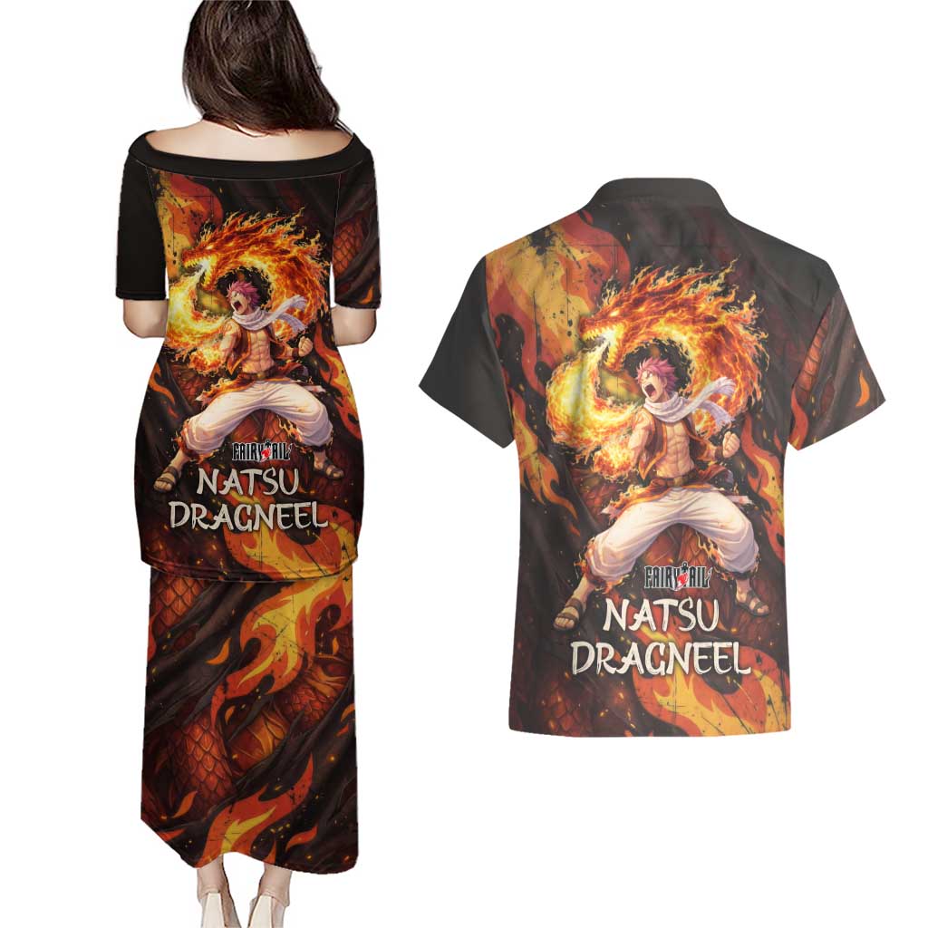 Natsu Dragneel Fairy Tail Couples Matching Puletasi and Hawaiian Shirt Flame Magic Anime Style with Dragon Emblem and Fire Seal