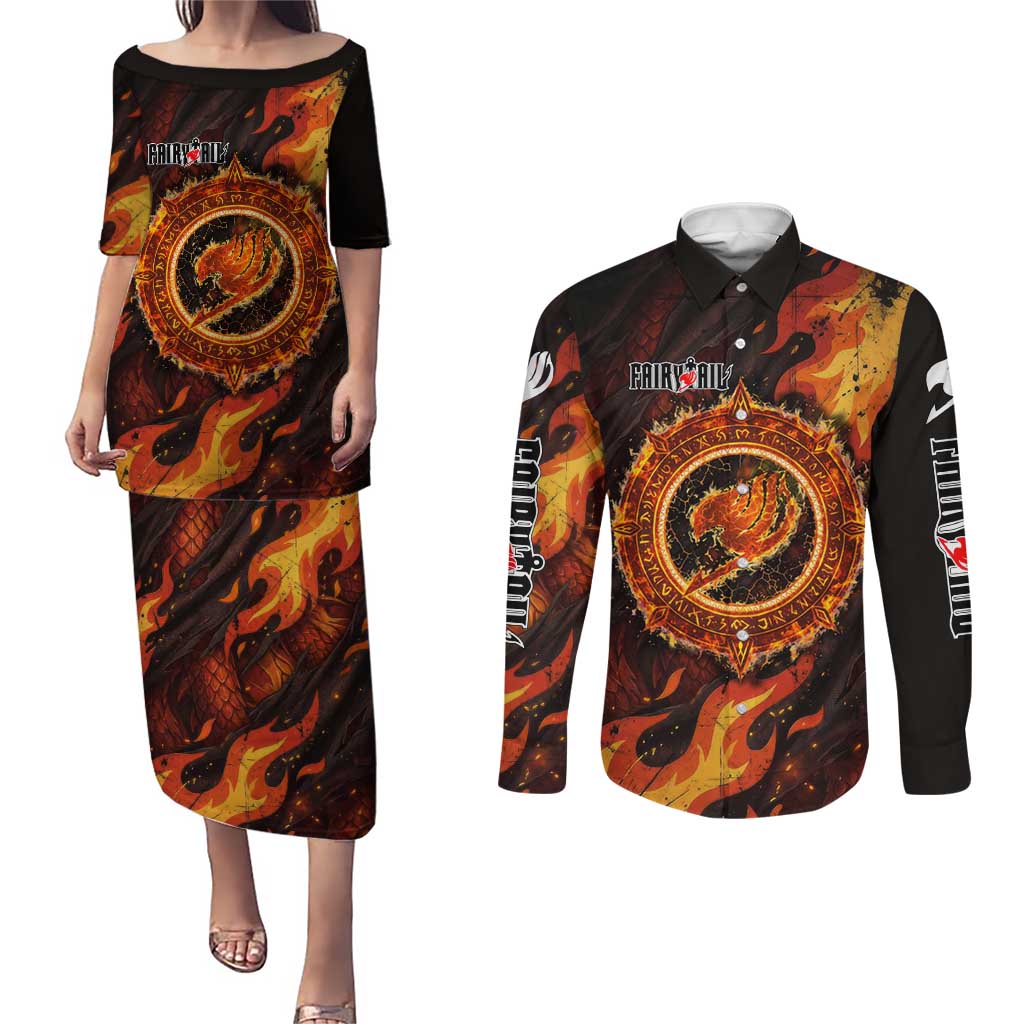 Natsu Dragneel Fairy Tail Couples Matching Puletasi and Long Sleeve Button Shirt Flame Magic Anime Style with Dragon Emblem and Fire Seal