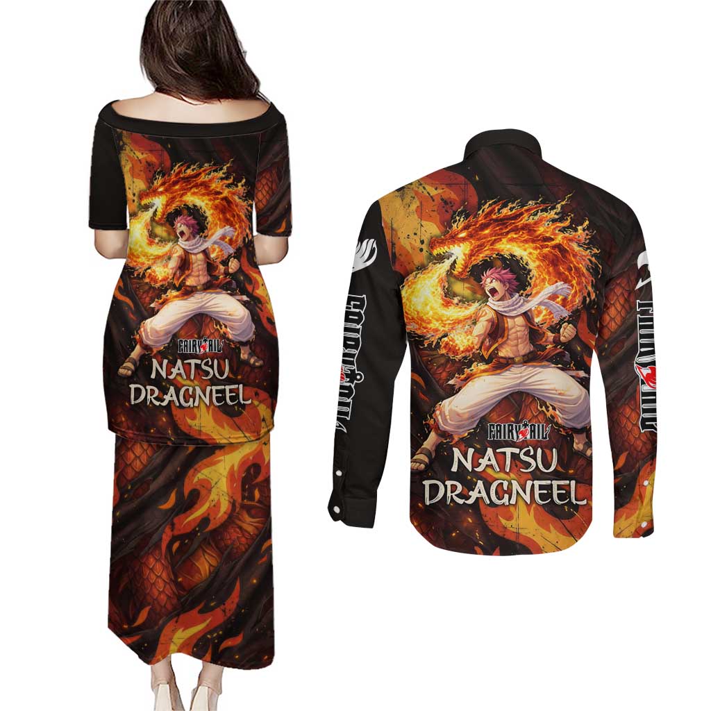 Natsu Dragneel Fairy Tail Couples Matching Puletasi and Long Sleeve Button Shirt Flame Magic Anime Style with Dragon Emblem and Fire Seal