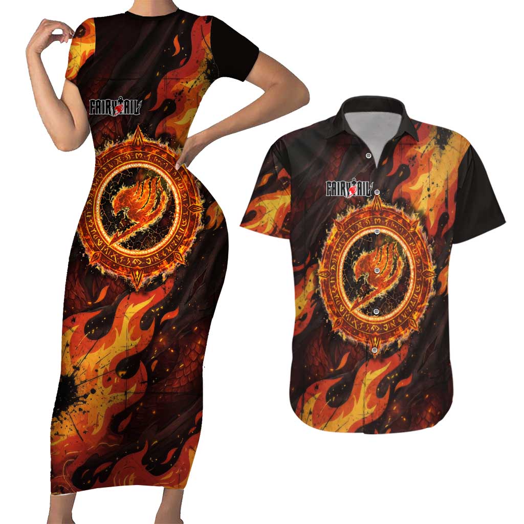 Natsu Dragneel Fairy Tail Couples Matching Short Sleeve Bodycon Dress and Hawaiian Shirt Flame Magic Anime Style with Dragon Emblem and Fire Seal