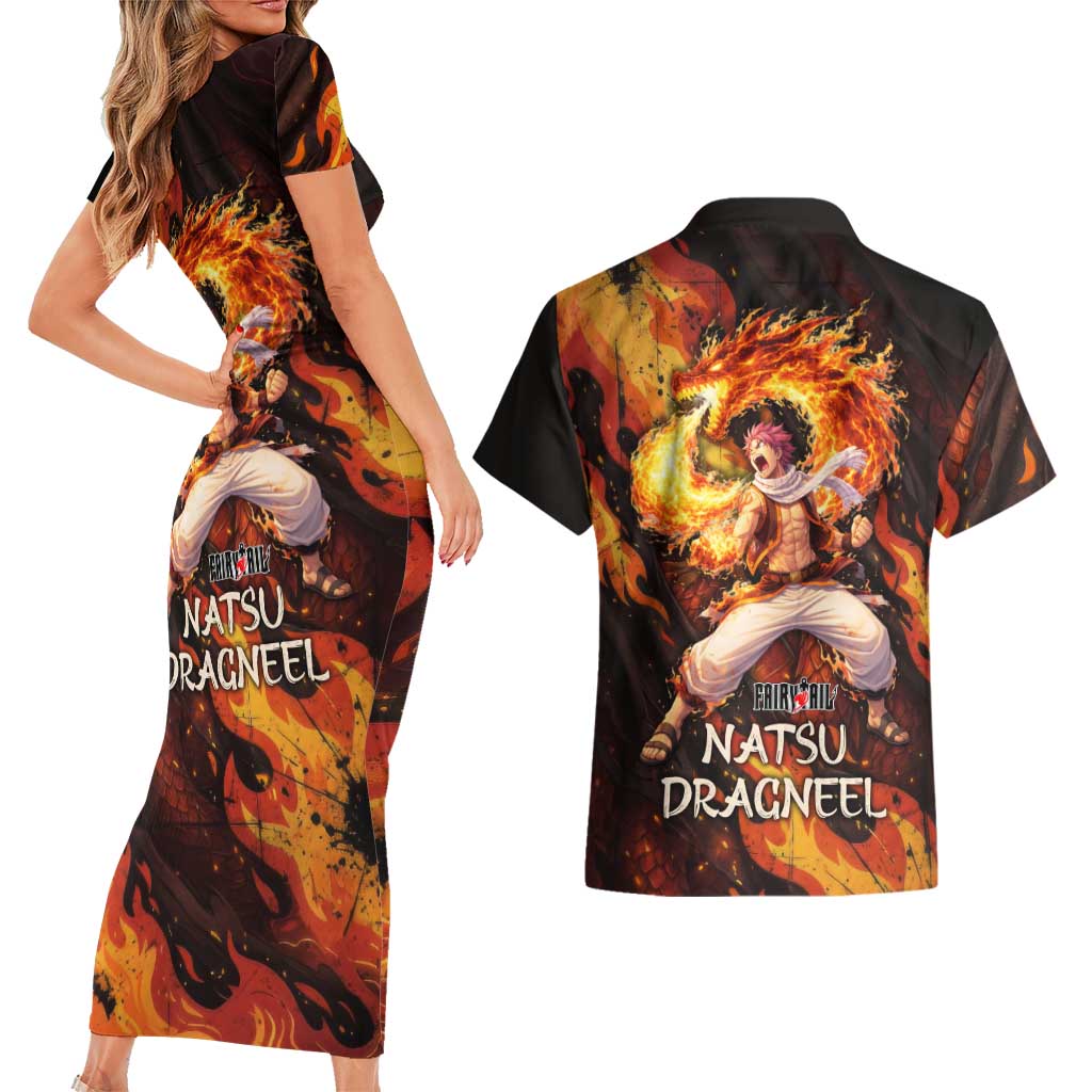 Natsu Dragneel Fairy Tail Couples Matching Short Sleeve Bodycon Dress and Hawaiian Shirt Flame Magic Anime Style with Dragon Emblem and Fire Seal
