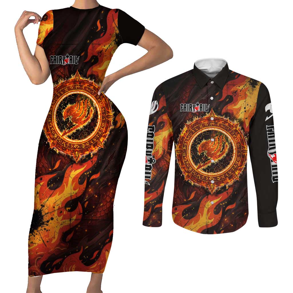 Natsu Dragneel Fairy Tail Couples Matching Short Sleeve Bodycon Dress and Long Sleeve Button Shirt Flame Magic Anime Style with Dragon Emblem and Fire Seal