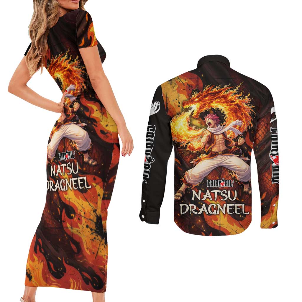 Natsu Dragneel Fairy Tail Couples Matching Short Sleeve Bodycon Dress and Long Sleeve Button Shirt Flame Magic Anime Style with Dragon Emblem and Fire Seal
