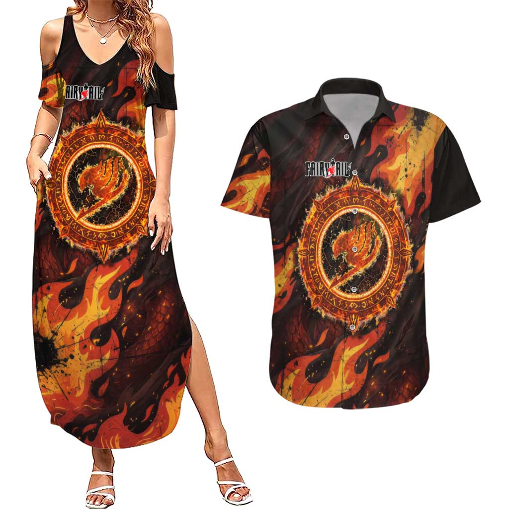 Natsu Dragneel Fairy Tail Couples Matching Summer Maxi Dress and Hawaiian Shirt Flame Magic Anime Style with Dragon Emblem and Fire Seal