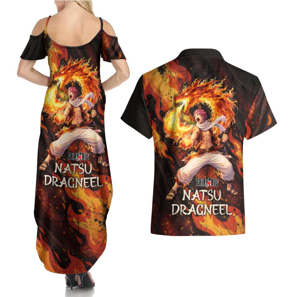 Natsu Dragneel Fairy Tail Couples Matching Summer Maxi Dress and Hawaiian Shirt Flame Magic Anime Style with Dragon Emblem and Fire Seal