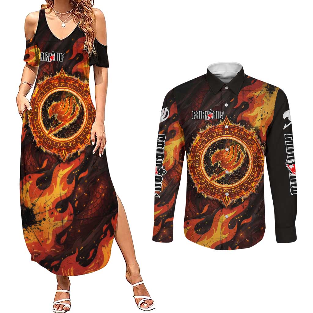 Natsu Dragneel Fairy Tail Couples Matching Summer Maxi Dress and Long Sleeve Button Shirt Flame Magic Anime Style with Dragon Emblem and Fire Seal